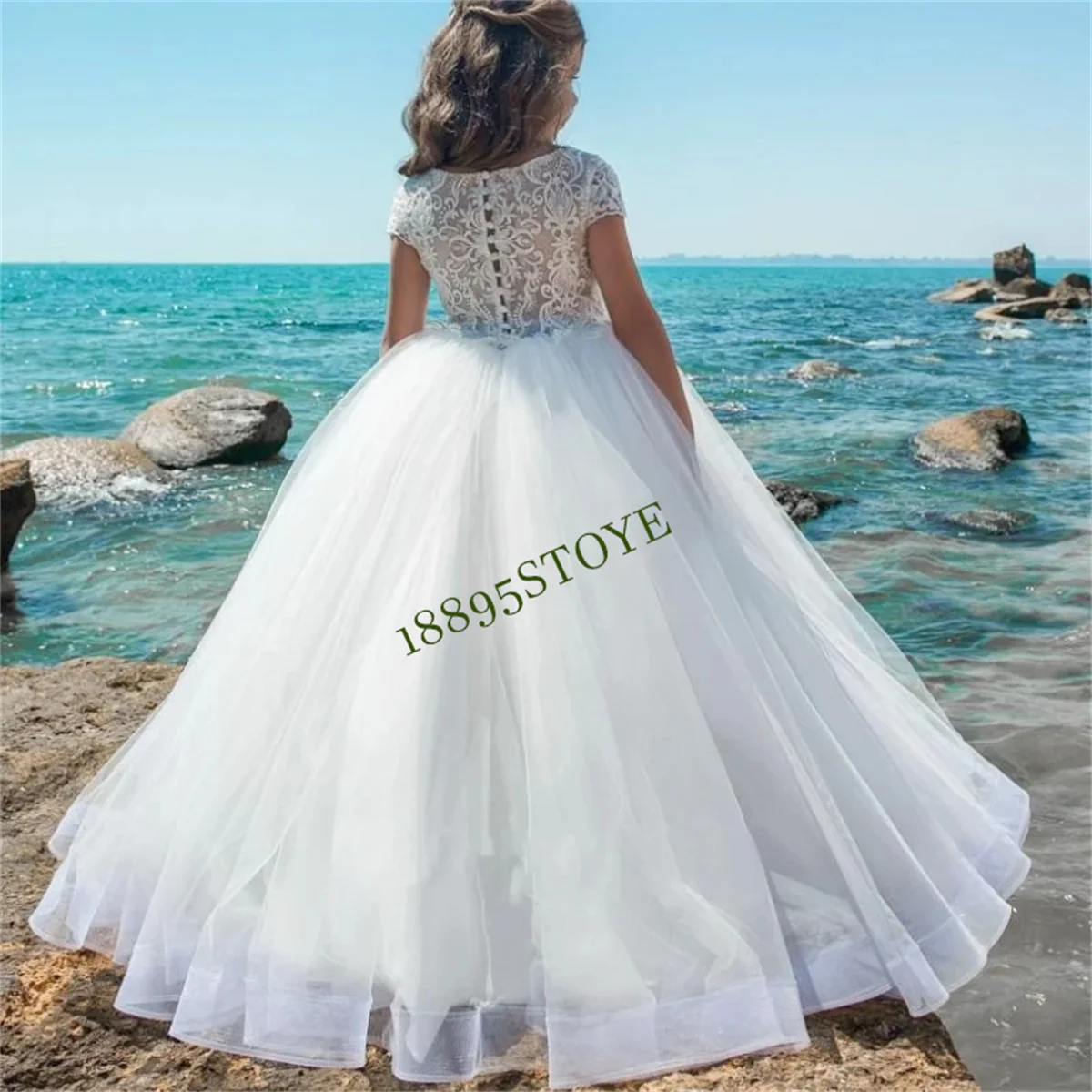 Robe à Fleurs en Tulle Blanc et Dentelle pour Fille, Tenue Élégante à Manches Courtes, pour Mariage, ixd'Anniversaire