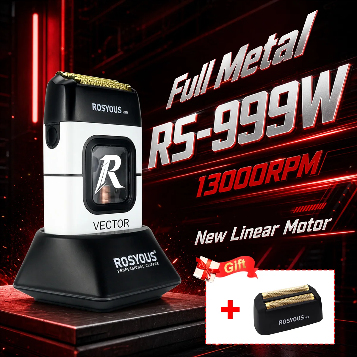 ROSYOUS RS-999W Professional Barber Shaver 13000RPM Magnetic Vector Motor Metal Body with Dock Double Foil Men's Electric Shaver