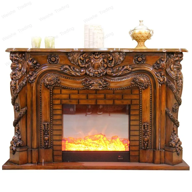 European solid wood fireplace, American living room carving simulation flame villa heater decorative heating core fireplace