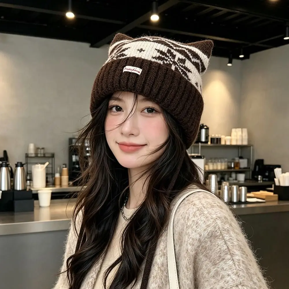 Chin Strap Knitted Beanie Hat Fair Isle Pattern 55cm to 60cm Head Circumference Wool Blend Knit Hat Cold Proof Ear Protection