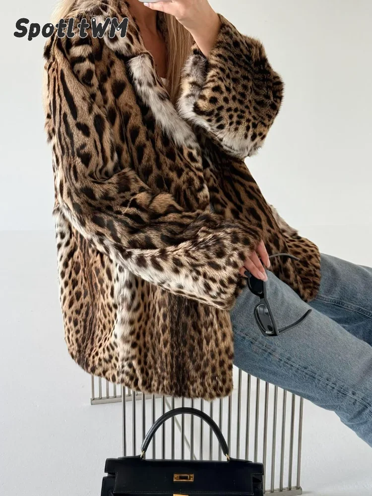 Chic Women Leopard Print Faux Fur Loose Fit Coats Lapel Long Sleeve Open Front Cropped Coat Fall Winter Lady Casual Street Outer