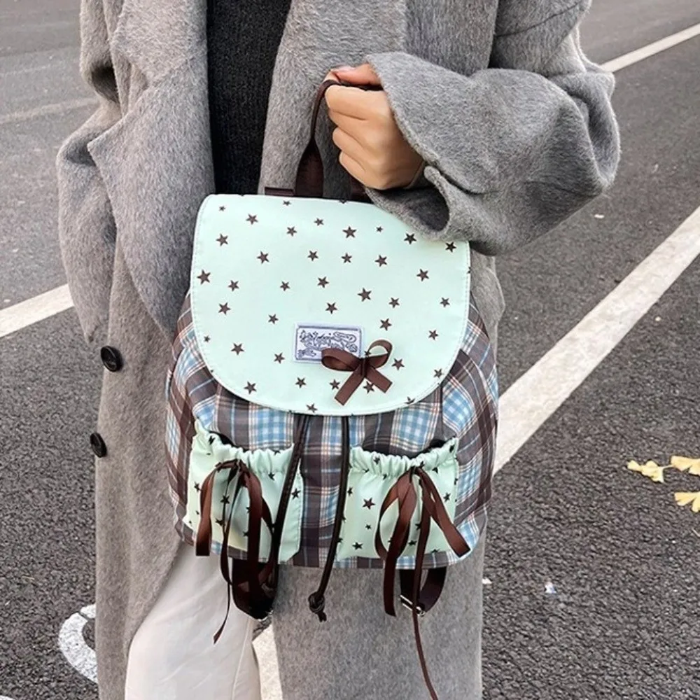 Sweet Bow Double Shoulder Bag Star Print Plaid Pattern Student Schoolbags Grid Pattern Contrast Color Mint Green Small Backpack