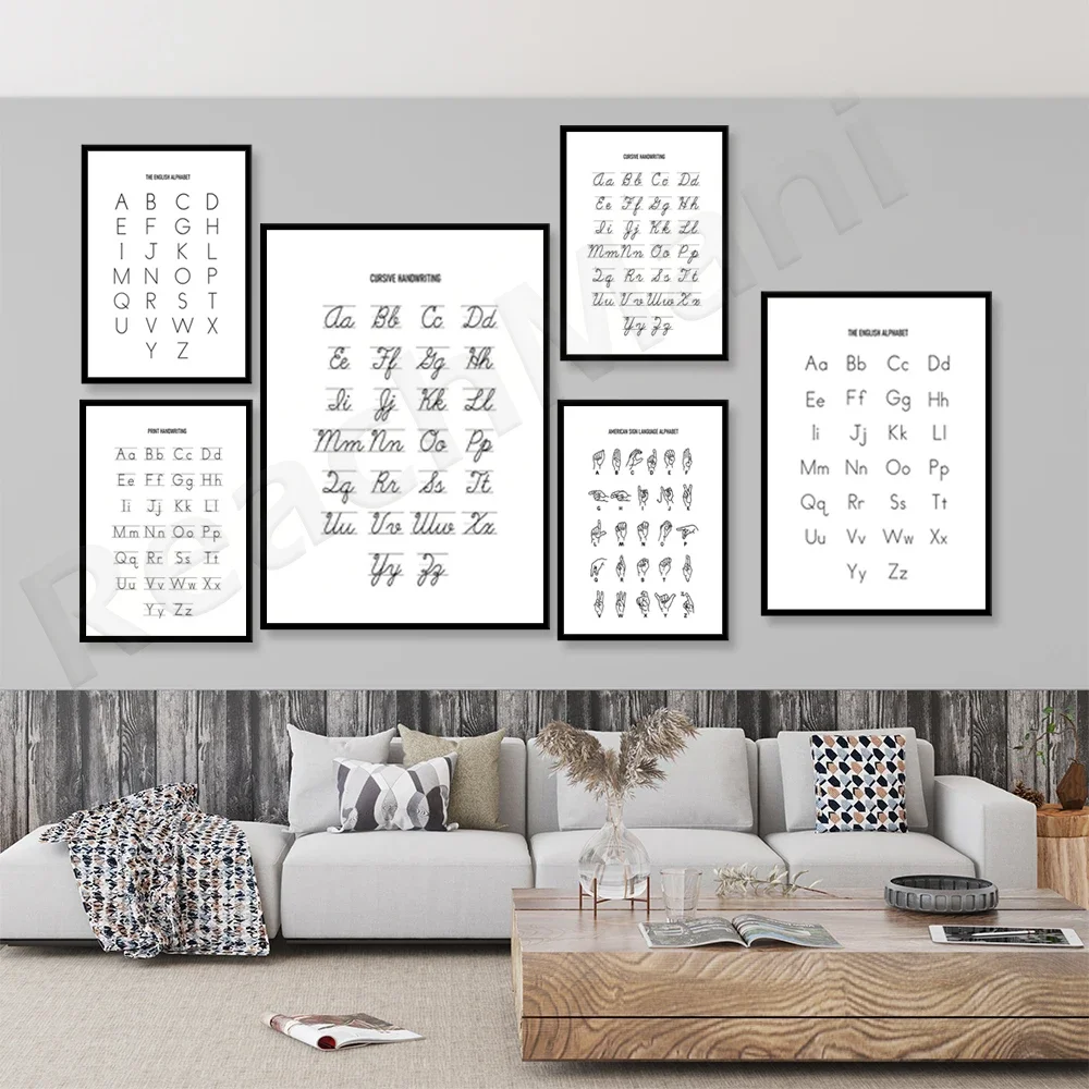 English alphabet art poster, English version-black and white-ABC printing-classroom decoration-home school-children's gifts