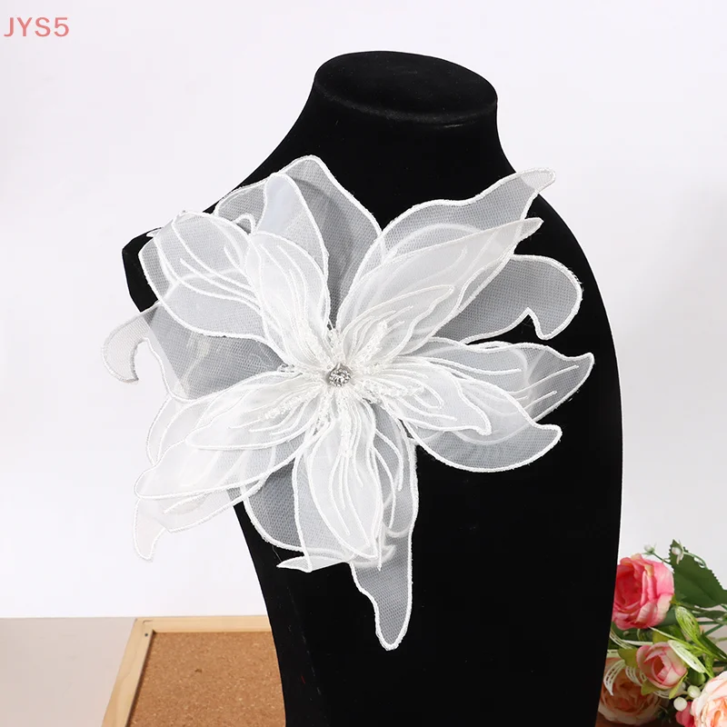 

Multi-layer White Black Lace Beads Organza Flower Sew On Patch For Wedding Evening Dress Decoration Applique
