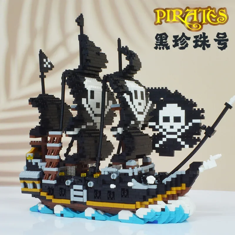 66896 Caribbean Pirate Black Pearl Ship Skull Flag Boat Model DIY Mini Diamond Blocks Bricks Building Toy for Children No box