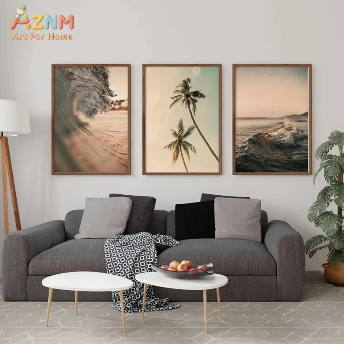 AZNM Tropical Beach Ocean Waves Palm Trees Canvas Print, Coastal Surfing Wall Art, Frameless Minimalist Summer Decor for Living