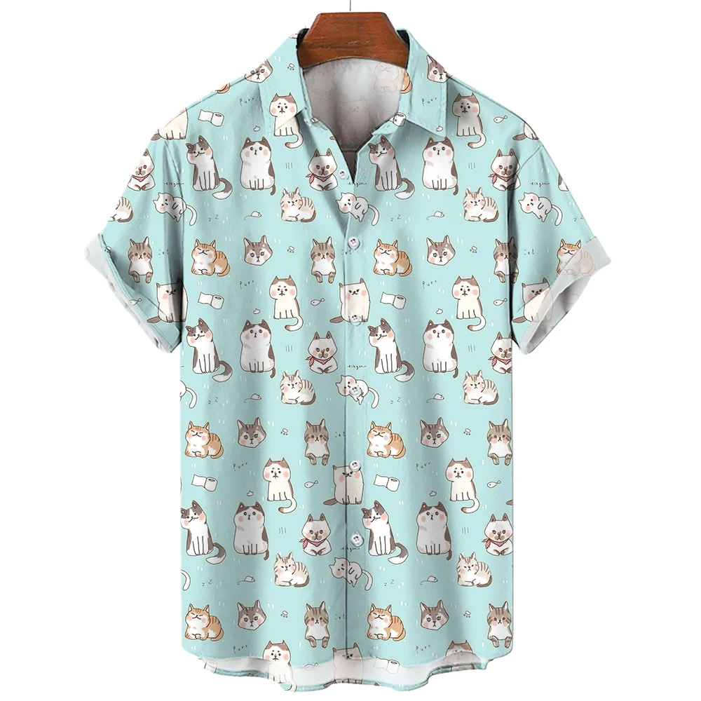 Cat Pattern Oversized Men\'s Hawaiian Shirts Floral Masculina Camisa Social For Cartoon Graffiti Print Clothing New