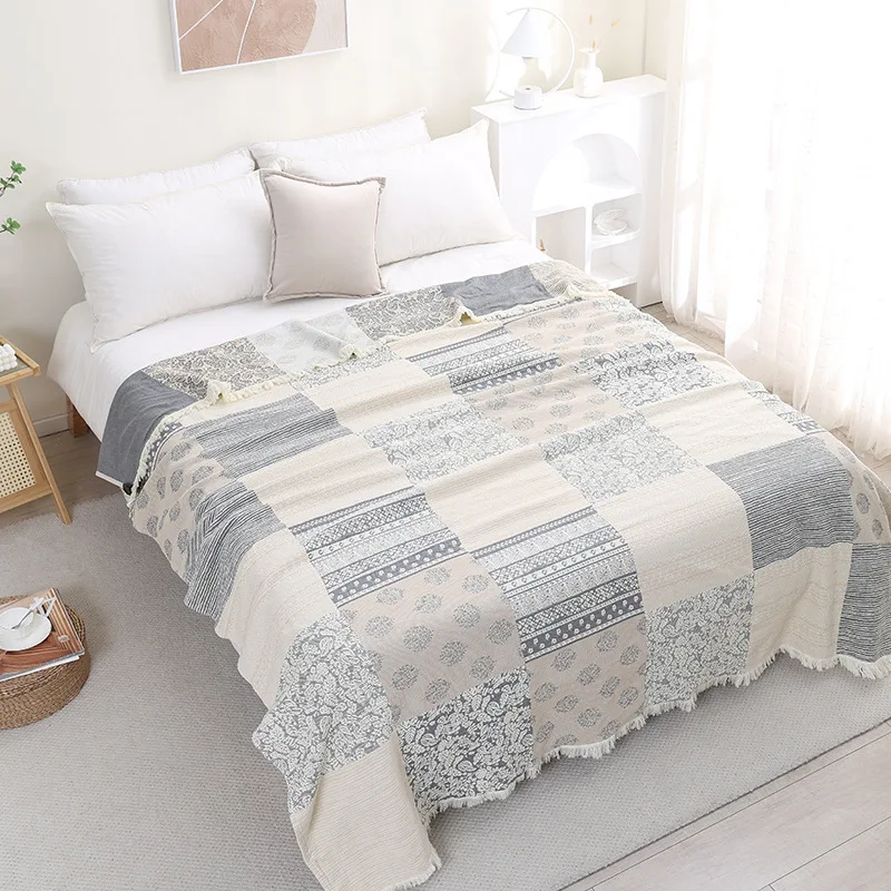 Soft Cotton Gauze Blanket with Tassel Lightweight Throw for Couch, Sofa, Bed, 200x230cm, All-Season Use, Simple Style Home Decor
