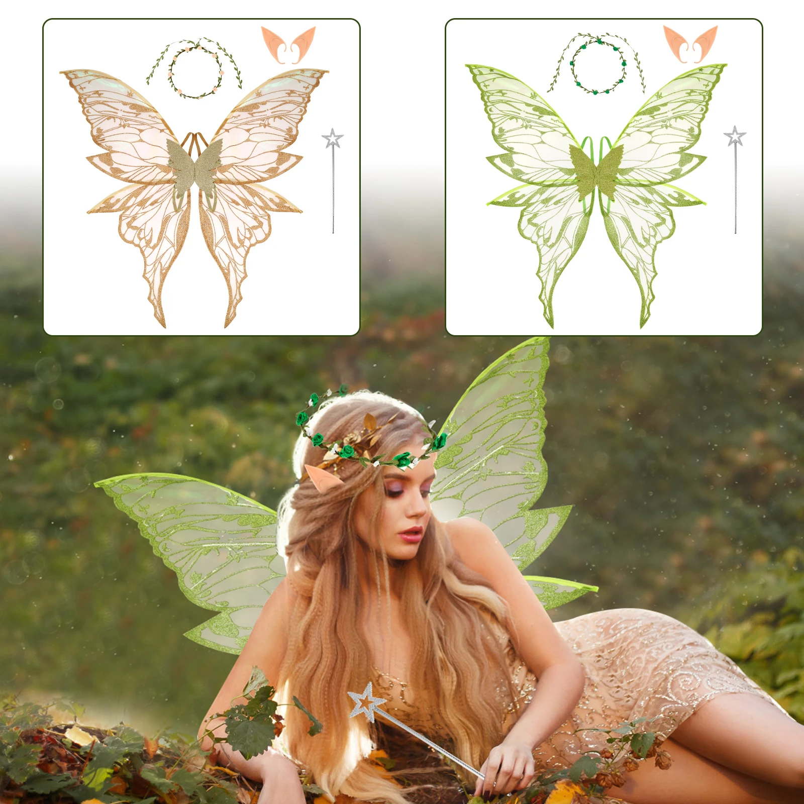 4 قطعة أجنحة الفراشة للأطفال كيب بنات الجنية شال عابث عباءة فستان أخضر فاخر زي هدايا حفلة الهالوين ديكورات ذاتية الصنع #1