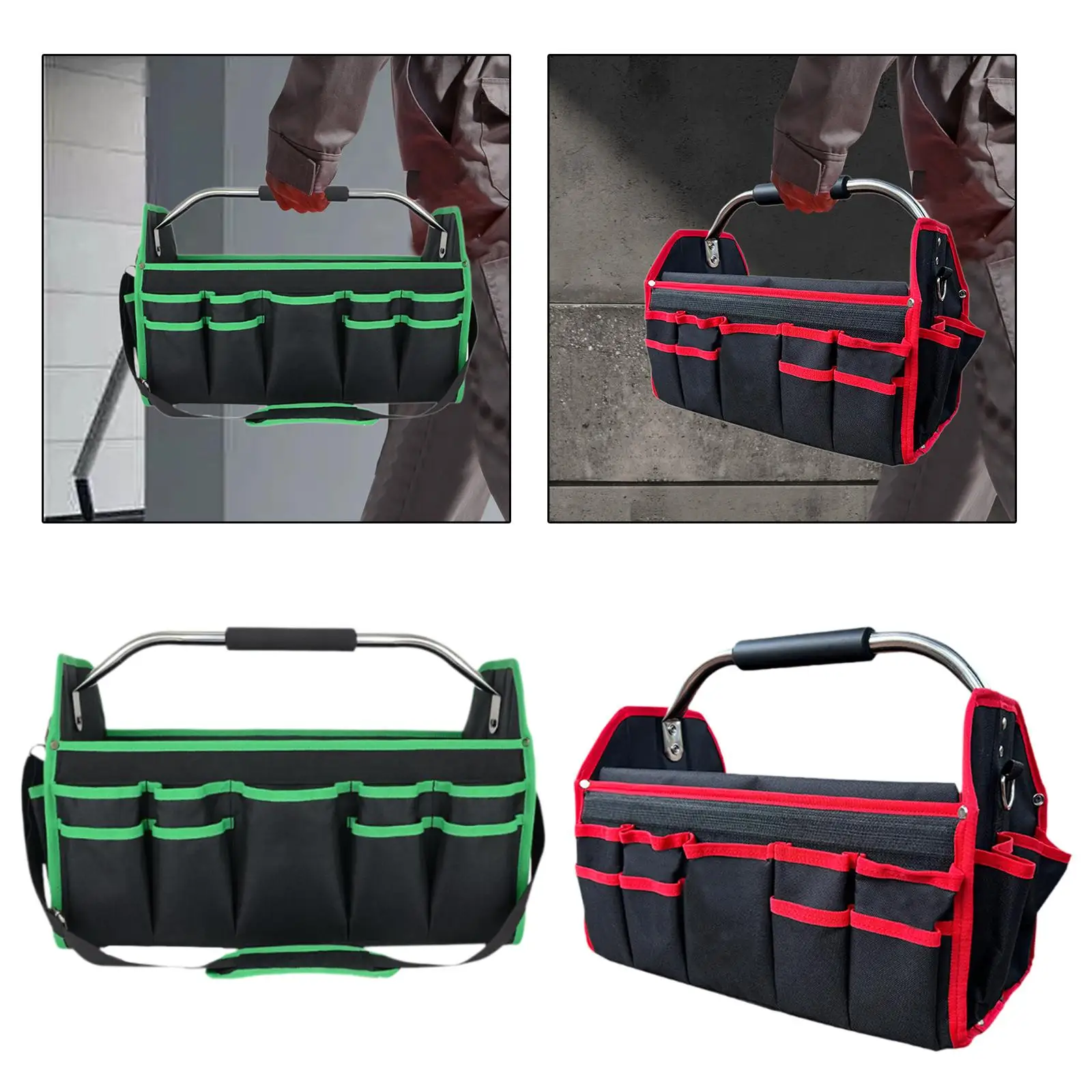 40cm Portable Foldable Tool Bag Organizer Multipurpose Open Top with Multi Pockets Metal Carry Handle for Gardeners Lightweight