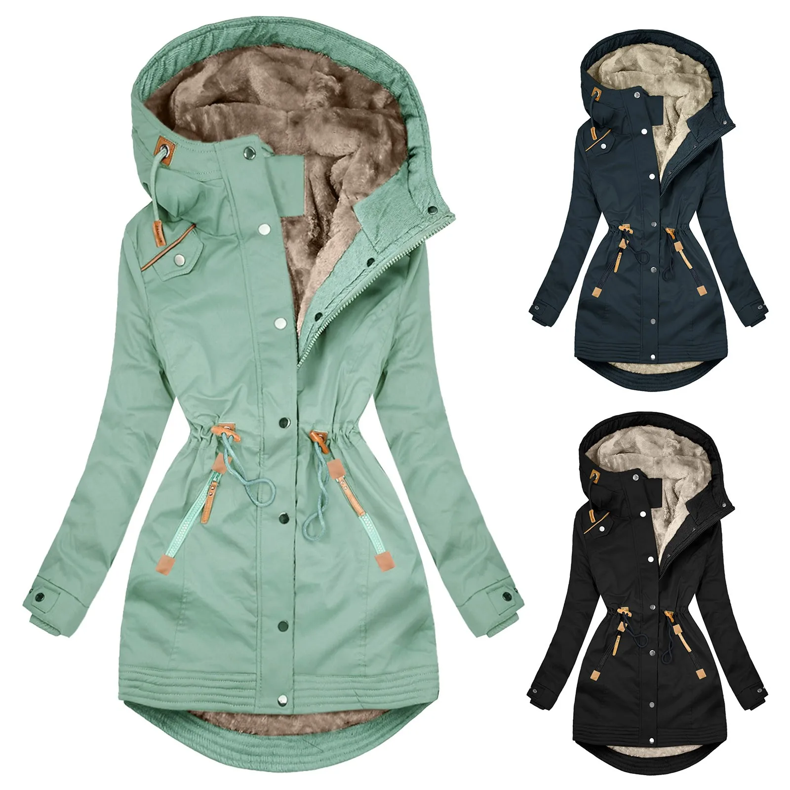 

Women Button Coat With Fleece Warm Windbreaker Jacket Casual Long Sleeve Warm Coat Casual Womens Jacket