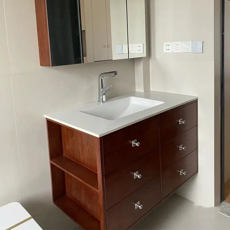 TAO Medieval teak color bathroom cabinet combination can be customized ceramic integrated basin solid wood baking paint