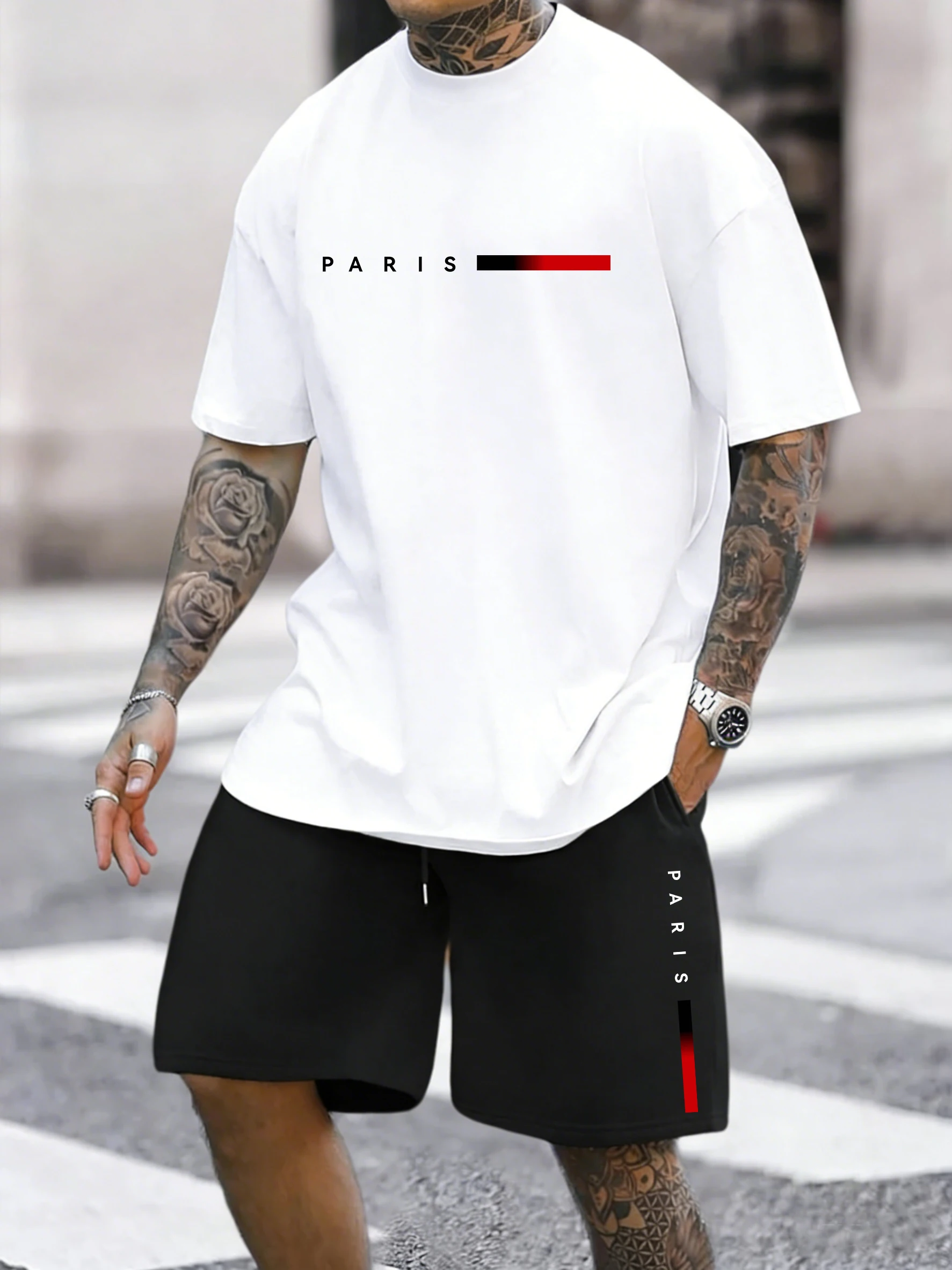 

Two Pieces T Shirts Set Paris France Prints Cotton Tops Shorts Mens O-Neck Oversized Soft T-Shirt Pocket High Waisted Male Pants