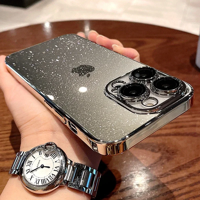 Luxury Transparent Glitter Phone Case For iPhone 11 12 13 14 15 16 Pro Max Plus Electroplated Bumper Clear Shockproof Cover