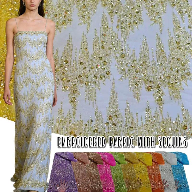 

Кружевная ткань 91x125 см с пайетками и вышивкой бисером, для рукоделия, свадебных и вечерних платьев, ткань для одежды