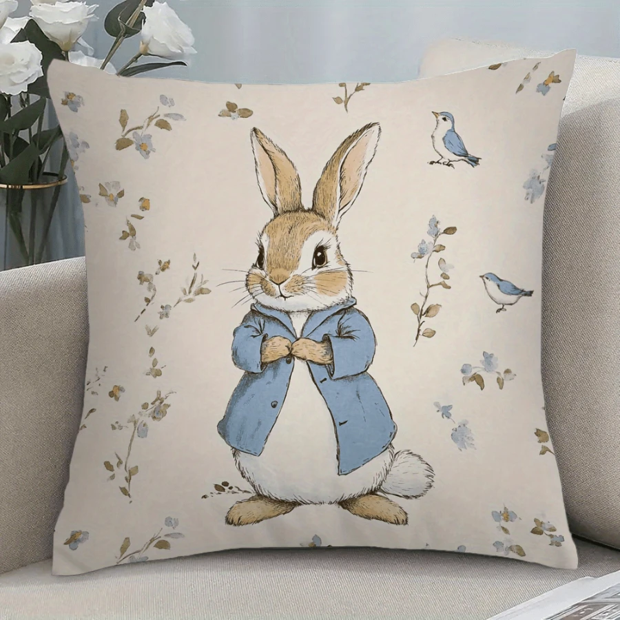 1PC Digital Print Pillow Cover Cushion Cover Blue Bird Peter Rabbit Bunny Floral Spring Cartoon Decorative Throw Pillow Case