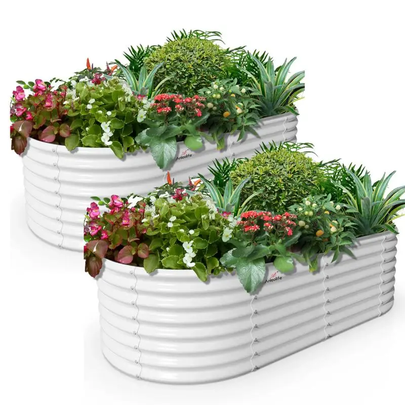 

Set of 2: 6x3x2ft Oval Metal Raised Garden Beds - Durable White Planting Blocks for Vegetable and Flower Pots, Easy to Assemble