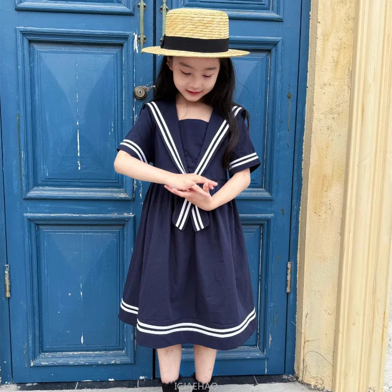 

Teen Girl Clothes 2025 Children Vintage Navy Preppy Style Simple Casual Outfits Summer Collar Girls Short Sleeve Dress Costumes