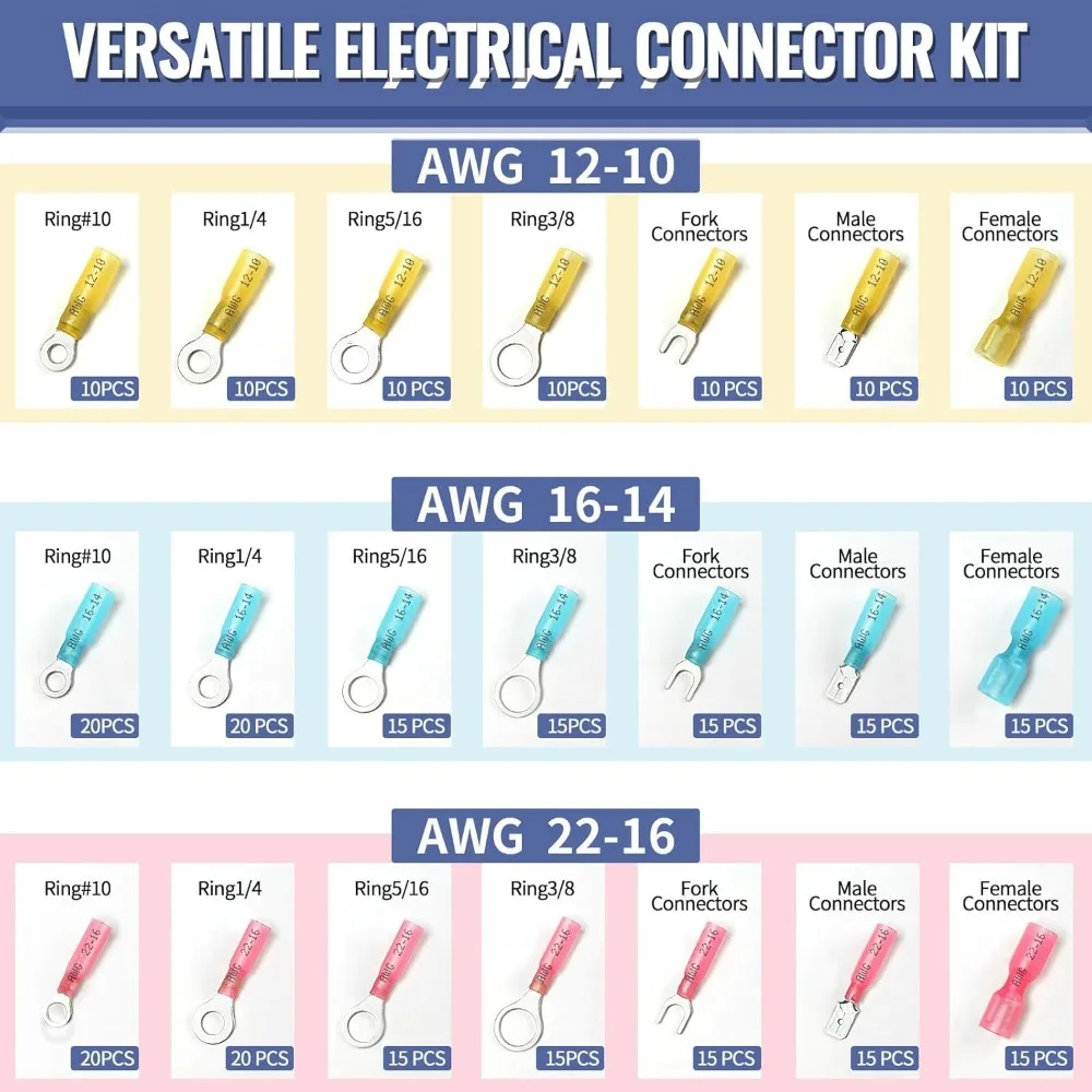 300PCS Heat Shrink Terminal Connectors Heat Shrink Wire Connectors AWG22-10 AWG16-14 AGW22-16 Electrical Ring Fork Spade Splice