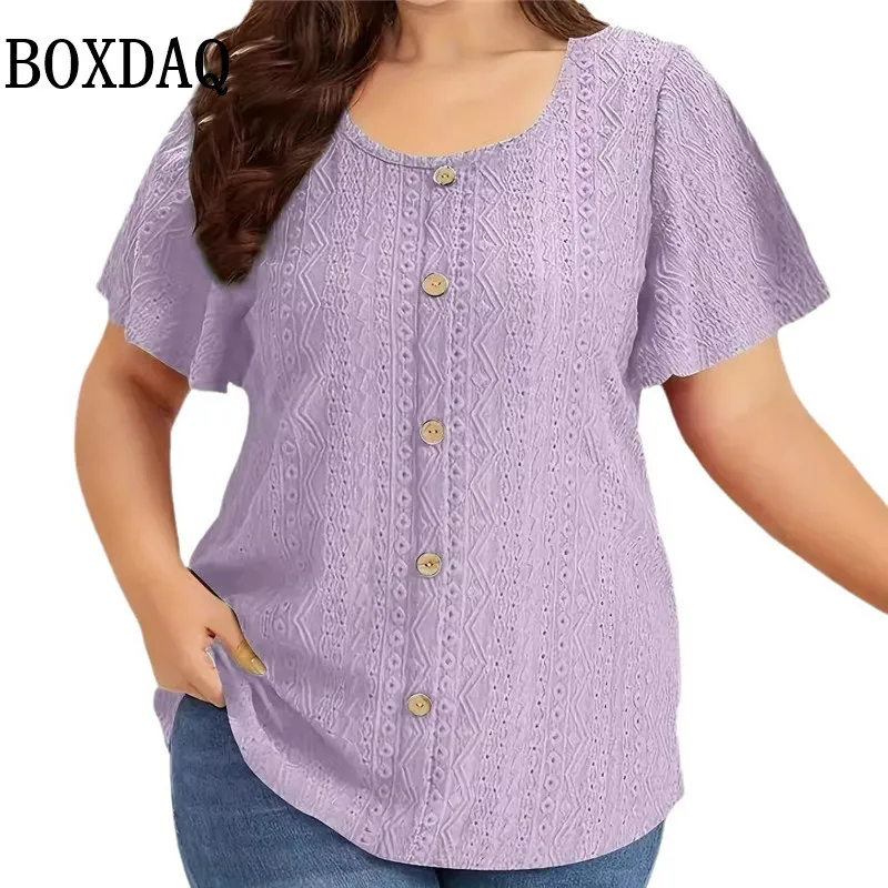 Camisetas holgadas de manga corta para mujer, Tops blancos y negros con agujeros, informales, con botones, color liso, talla grande 5XL, 2024