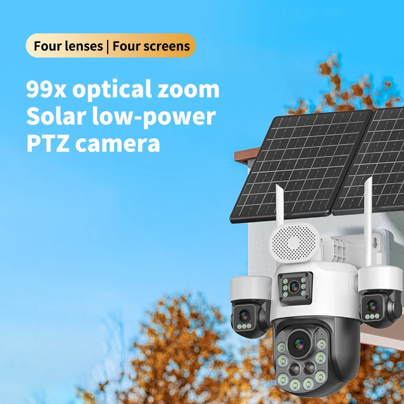 Rscamtom 99X Zoom Outdoor 4G Security Camera Solar CCTV Full Color Night Vision 24/7 Hours Recording Four Lens 4G Solar Camera