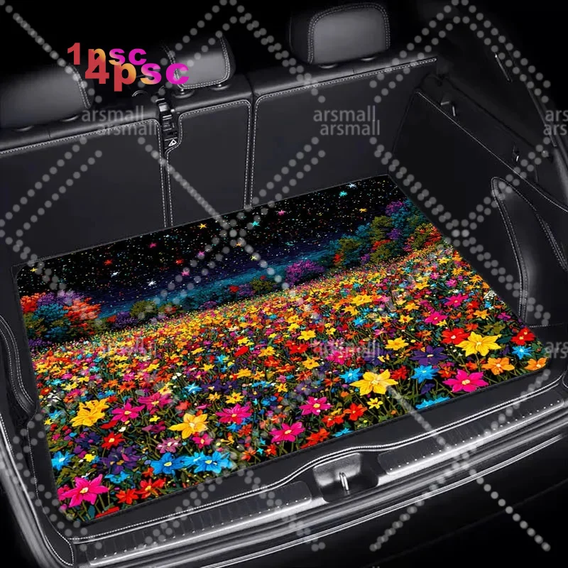 1pc Car Trunk Mat, 75x100 Size, Vibrant Starry Night & Flower Field Print, Durable Material, Universal Fit For Most Cars, Stylis
