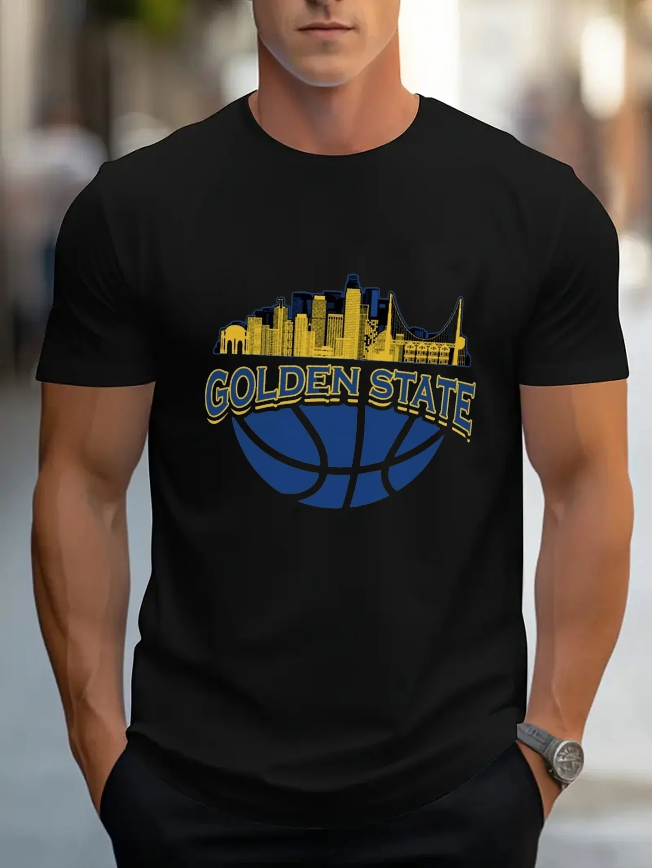 

Мужская футболка с рисунком Golden State City Skyline & Basketball — 100% хлопок, свободная повседневная футболка для спортзала, спортивной одежды, дышащая