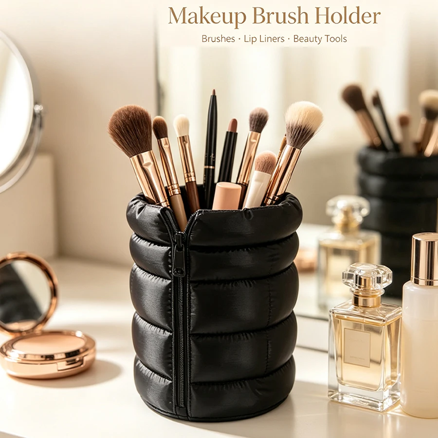 Light Luxury Black Puff-Style Makeup Brush Holder and Pen Holder Two-In-One, 3D Printed Quilted Desktop Storage Box, Multifunctional Stationery and Makeup Brush Storage Cup, Minimalist Style Office Desk and Dressing Table Decoration