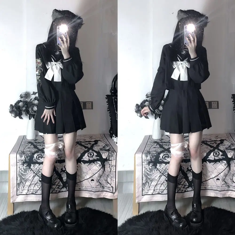 Trajes de marinero Jk de manga larga con bordado de brazo para mujer, Falda plisada, uniforme escolar japonés Fuku, disfraces de Anime COS, nuevo estilo negro