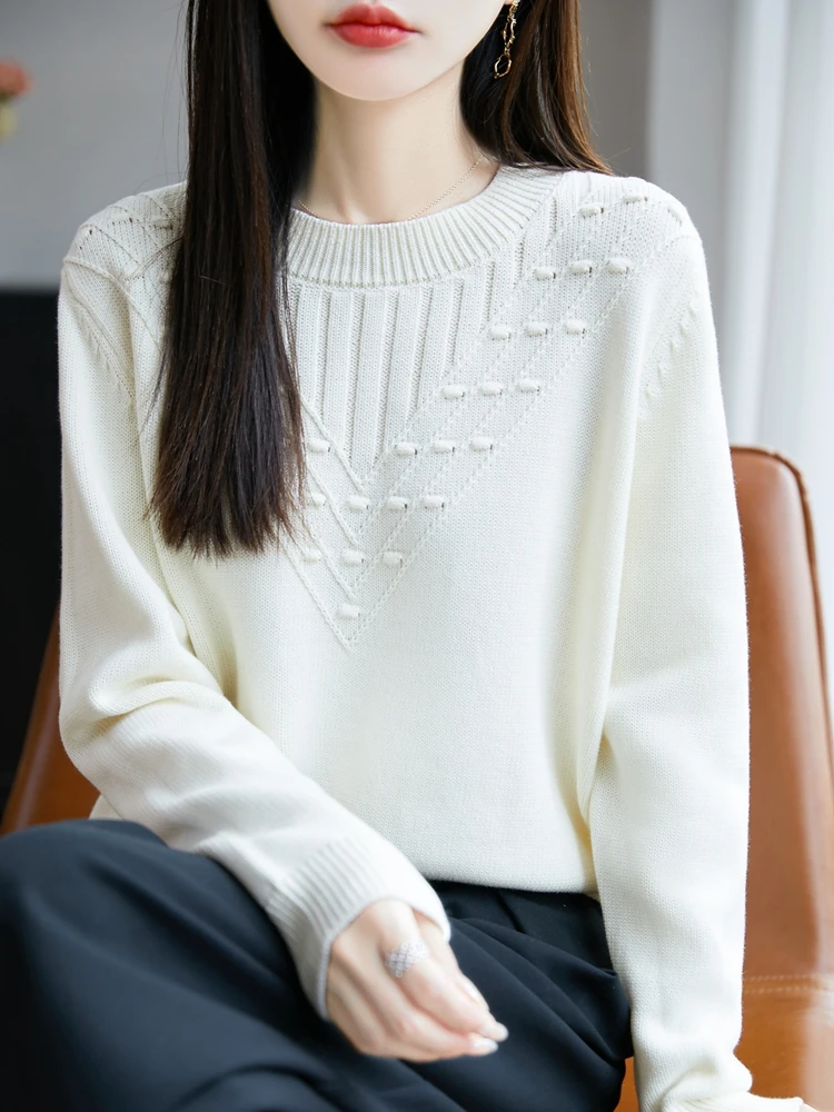 Thiened malhas de algodão puro de sete agulhas redondas ne suéter solto feminino casual sle longo sve outono primavera inverno top