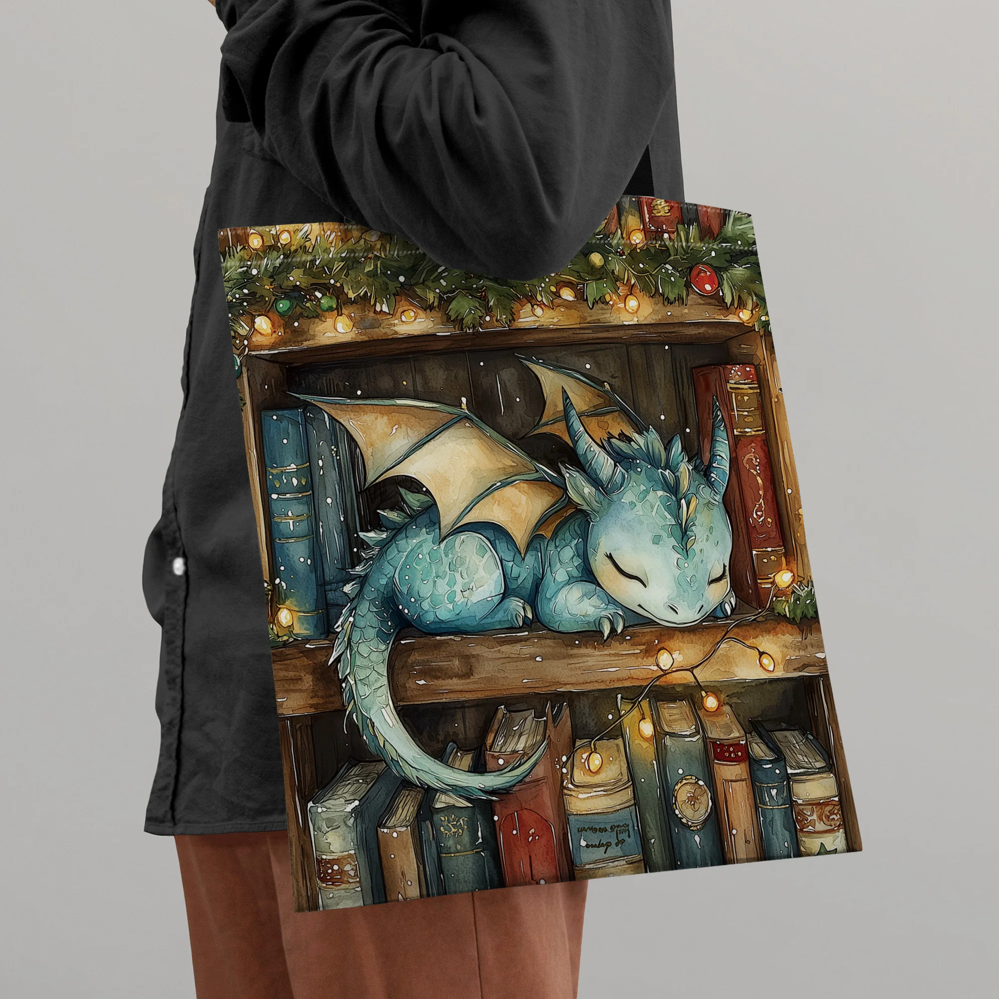 1pc Christmas Elements,A Little Dragon Sleeping On The Bookshelf Print Tote Bag, Perfect for Shopping, Best for Christmas