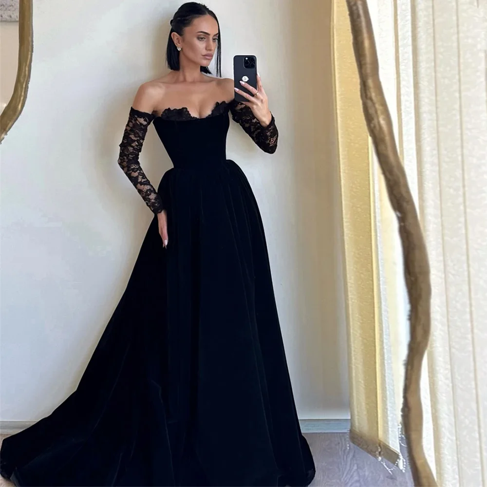 

Простое черное бархатное вечернее платье по индивидуальному заказу, вечернее платье с длинными рукавами и сердечком, мягкие коктейльные платья трапециевидной формы со шлейфом