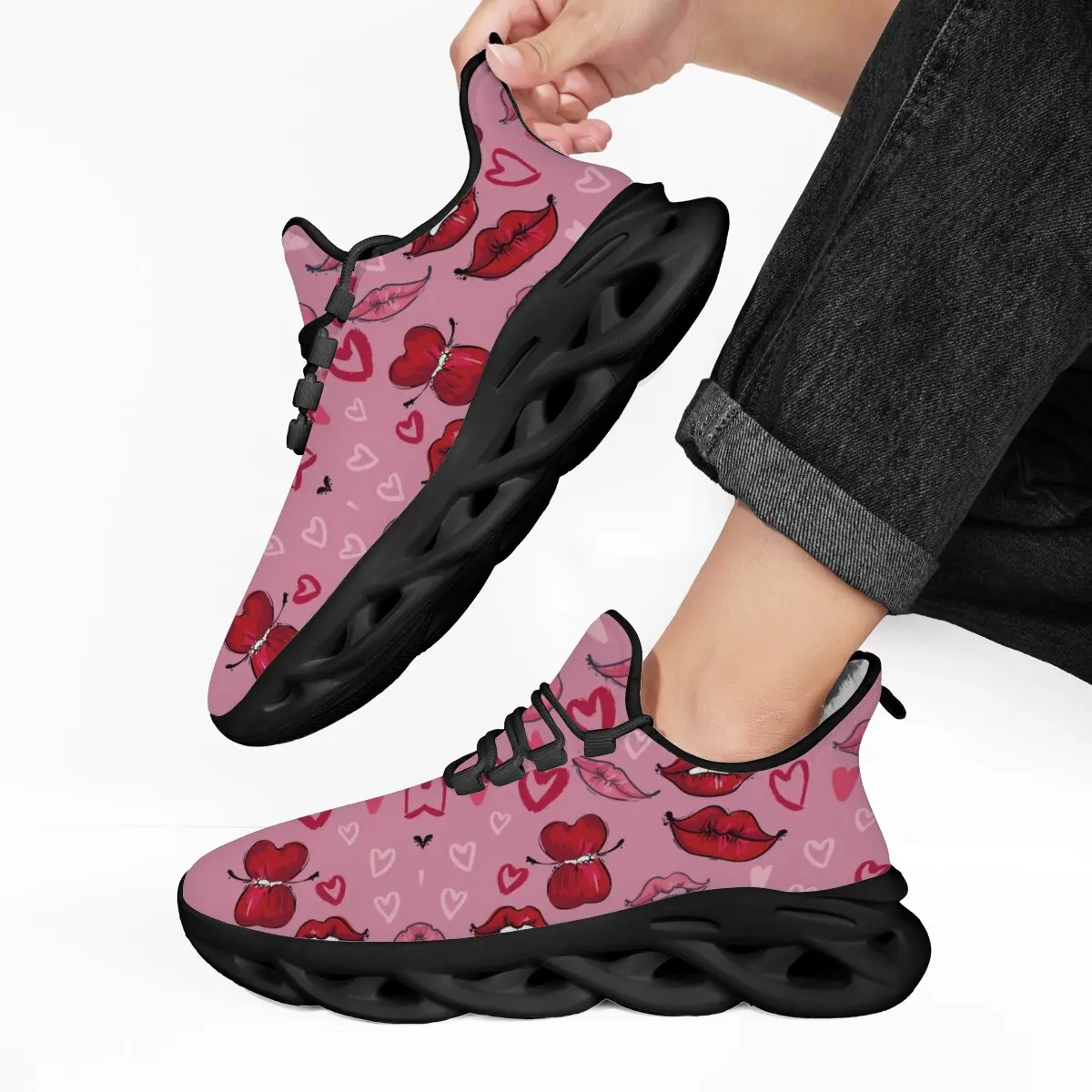 

Women Shoes Lightweight Pink Fleece-Lined Sneakers with Red Lips Hearts Butterfly Prints Slip On Sneakers for Men Footwear