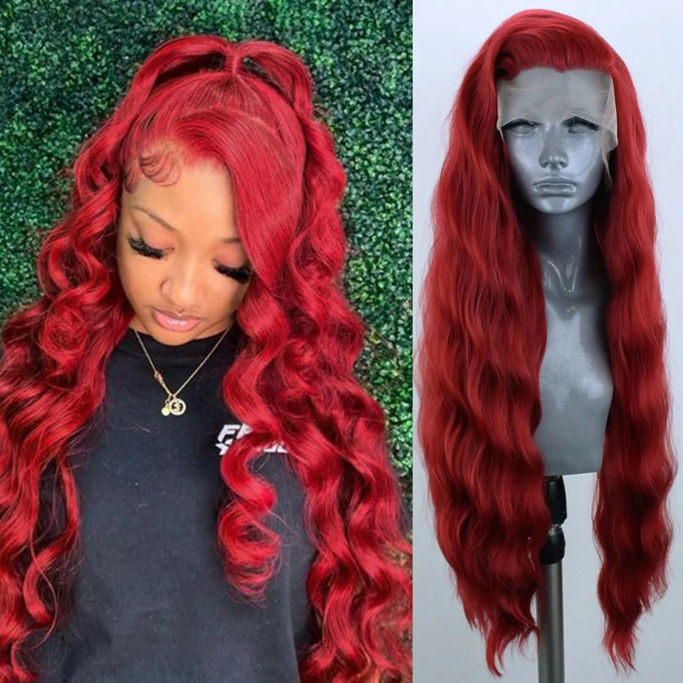 Wig Merah Karisma Wig Depan Renda Sintetis Panjang Bergelombang untuk Wanita Wig Renda Garis Rambut Alami Serat Tahan Panas Cosplay