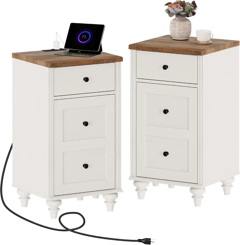 WAMPAT Set of 2 End Table with Charging Station, Wood Nightstands with Drawer and Storage Cabinet, Modern Side Tables Living