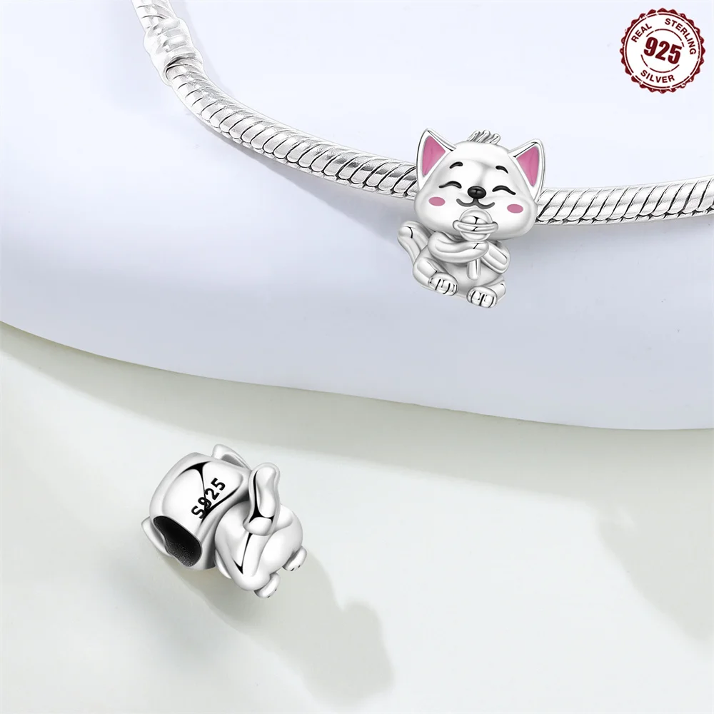 S925 Sterling Silver Adorable Fox Charm Puppy Pink Enamel Ears & Lollipop Fit Bracelets Jewelry Gift for Women Girls DIY Making