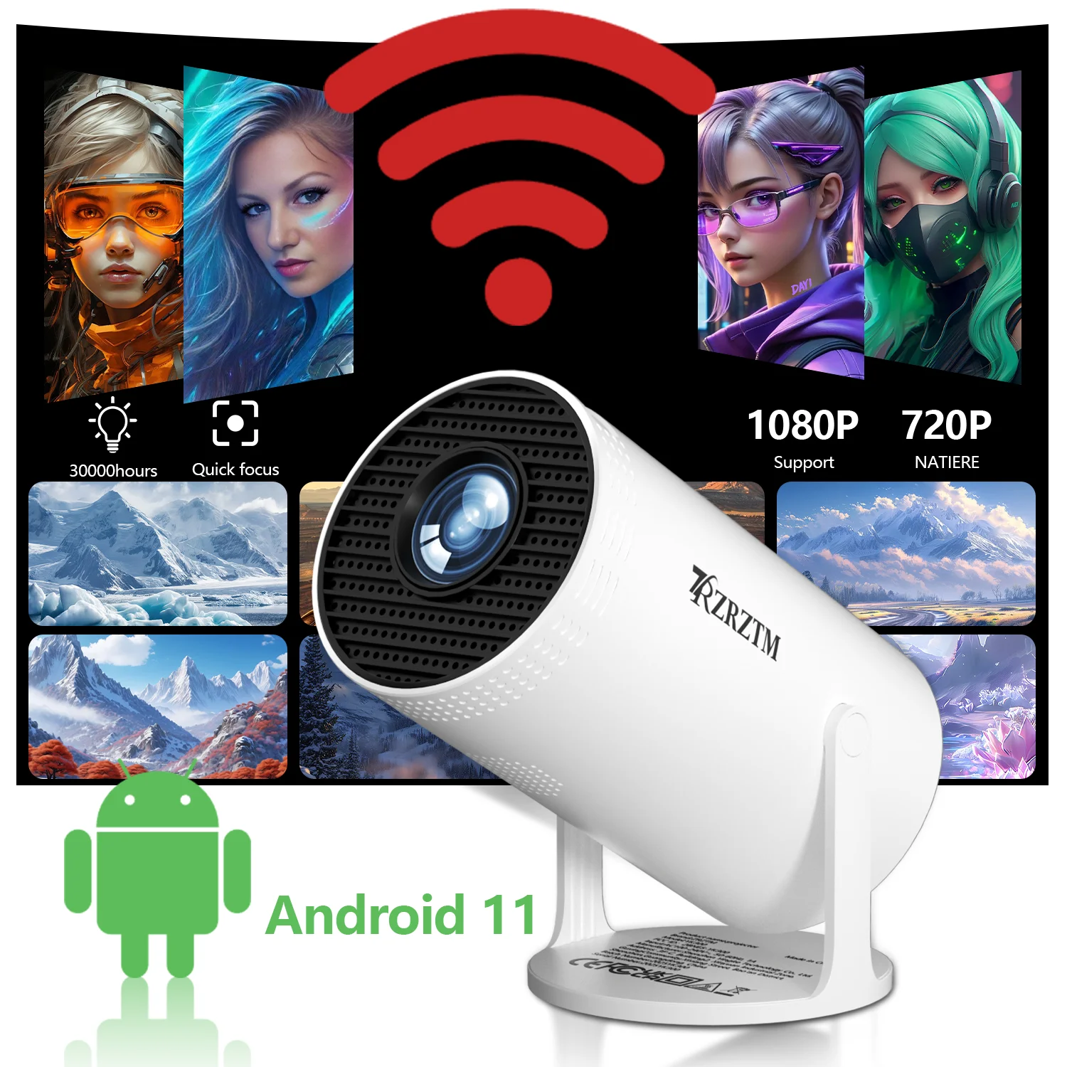 4K projector, high-definition projector, with Android system/WiFi 6, suitable for home theaters/offices, native 720p
