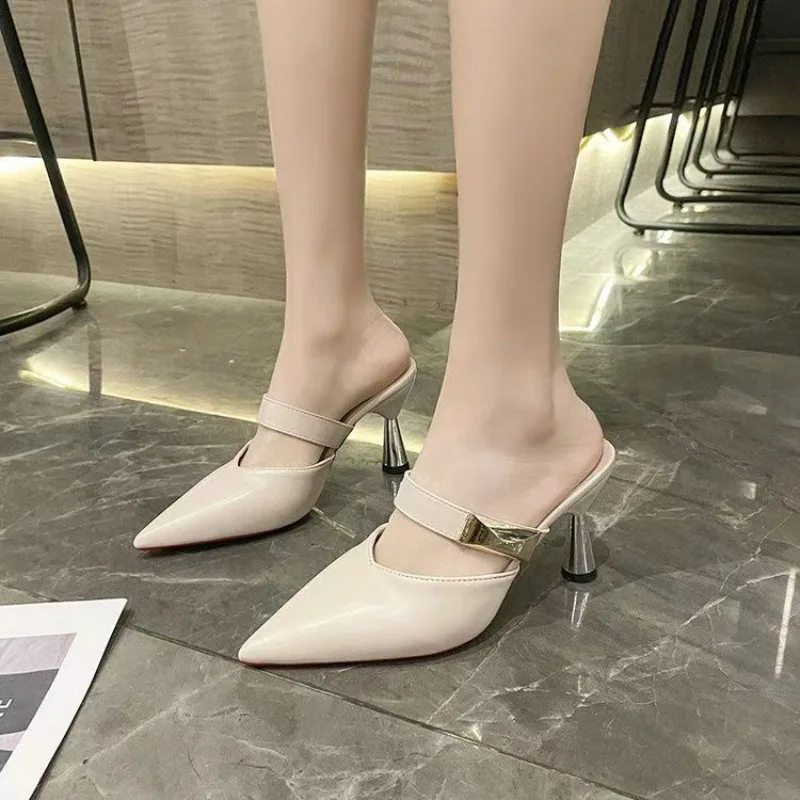 

2025 Summer New High-heeled Stiletto Pointed Simple Slippers Women's Outer Wear One-word with Baotou Half Drag Muller Shoes