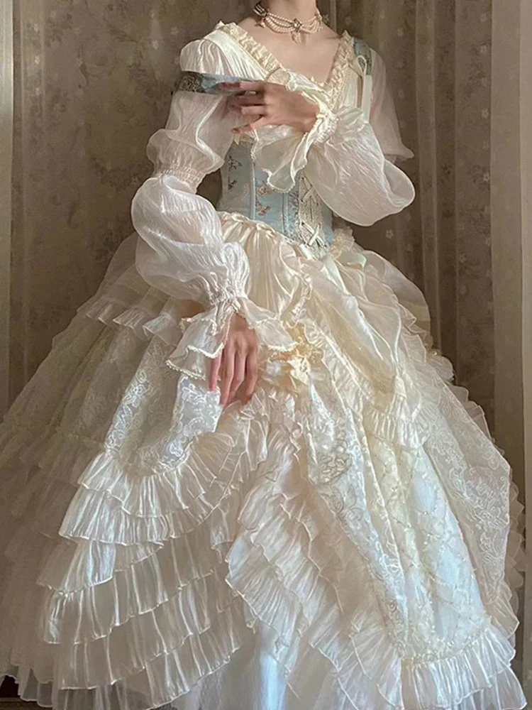 Y2K Vintage Lol Style Dress Elegant Bubble Sleeve Lace Flouncy Layered Victoria Halloween Cosplay Wedding Party Princess Dress