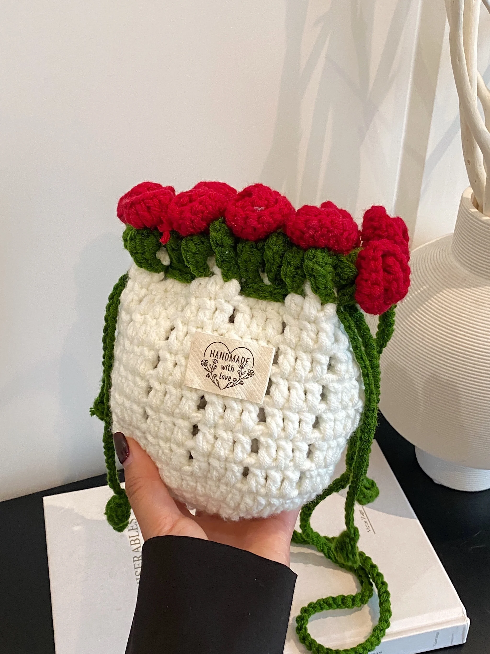 Handwoven Rose Bouquet Bucket Bag Women Crossbody Shoulder Purse Cotton Lined Romantic Gift 