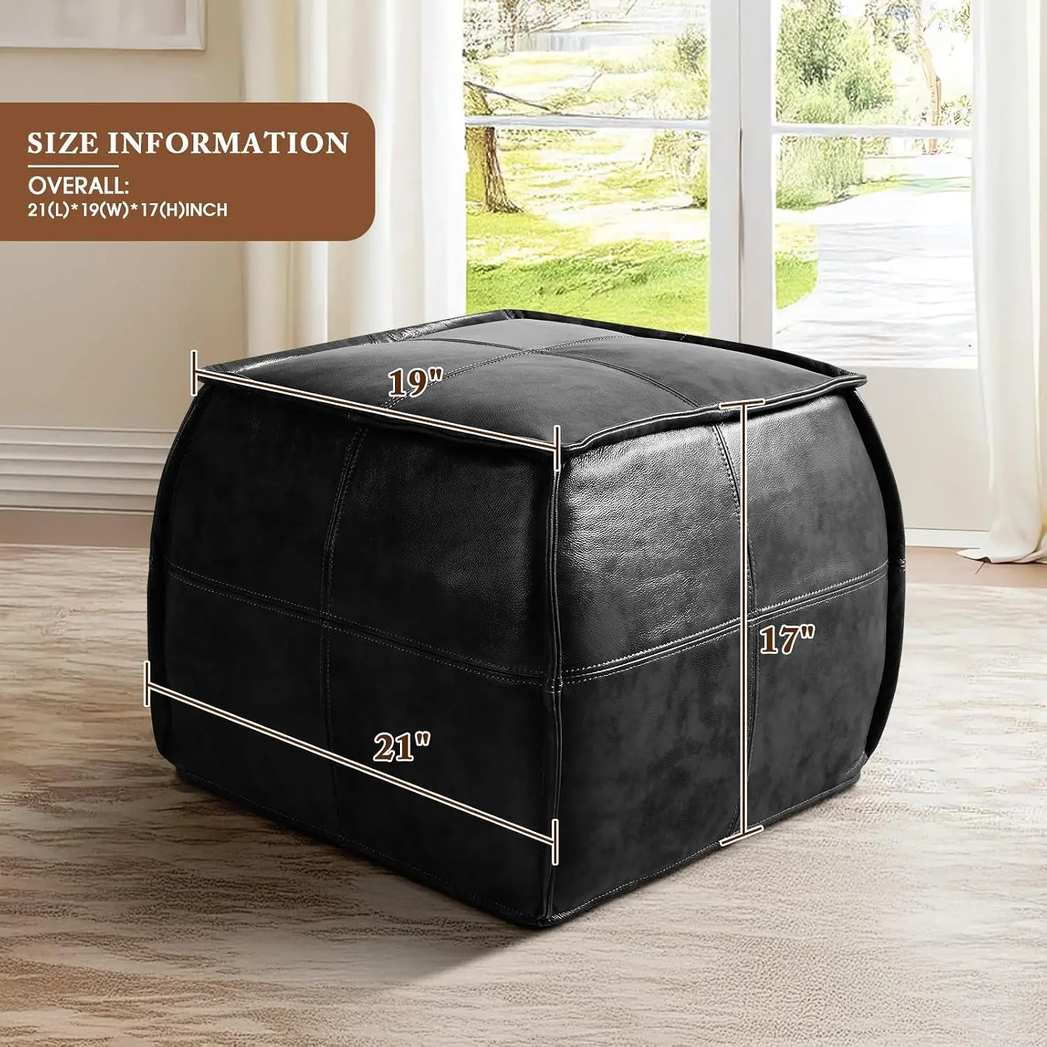 Genuine Leather Ottoman Pouf, Handmade Stuffed Square Foot Rest, Soft Seating for Living Room & Bedroom, Black, Customized