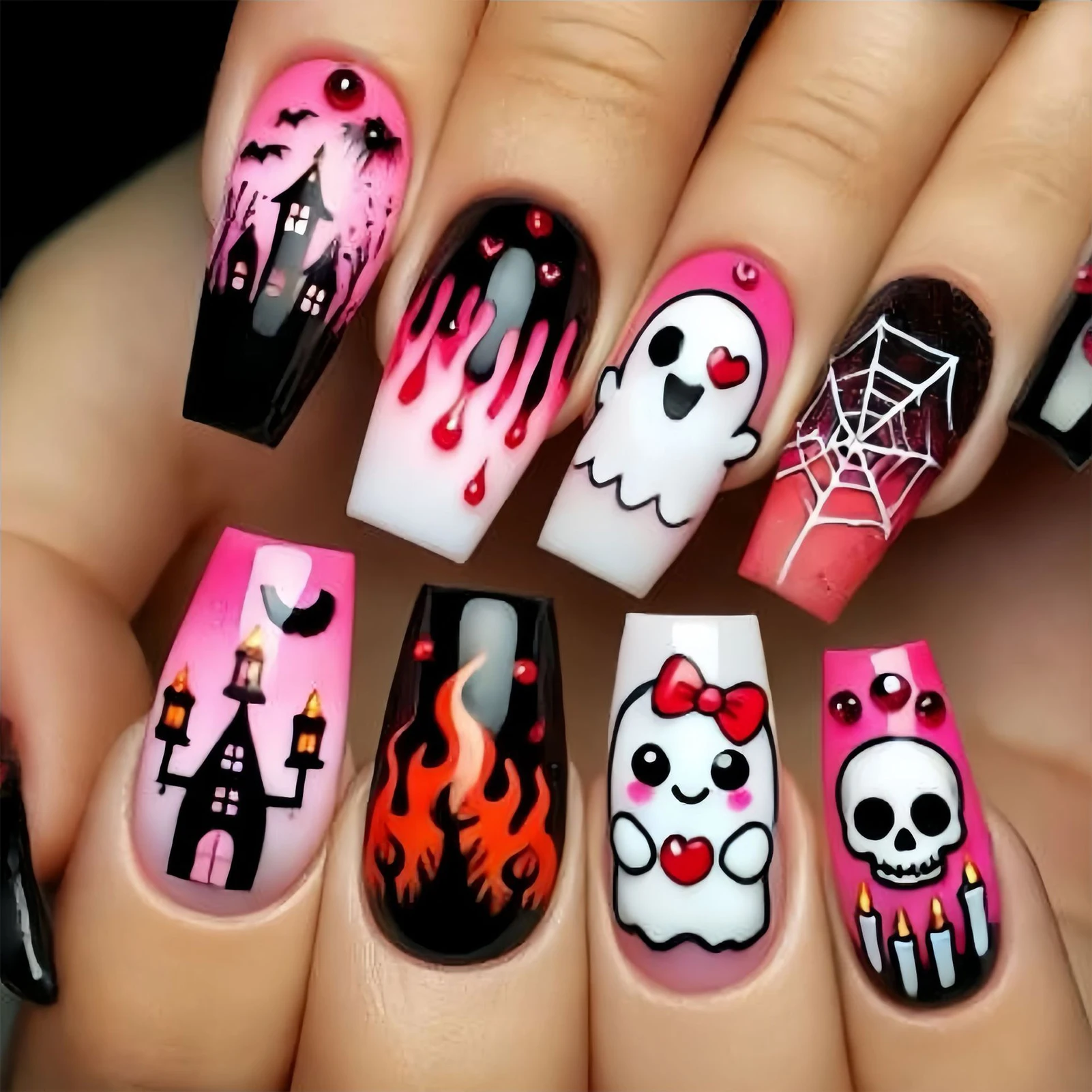 Women's False Nails Halloween Party Press on Nails Medium Square ABS Reusable Nail Art Tips for Costume Cosplay Durable