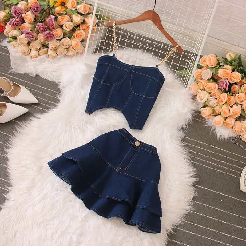 Women Denim Skirts 2pcs Suits Spaghetti Strap Vest Tops + High Waist Pleated Jeans Mini Skirt Clothing Sets Outfits