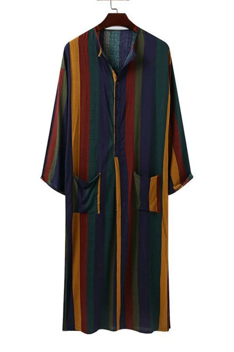 Islamic Clothes Men's Fashion Long Sleeve Muslim Dresses Soft Abaya Robes Arabic Homme Musulman Saudi Male Striped Sleep Shirts