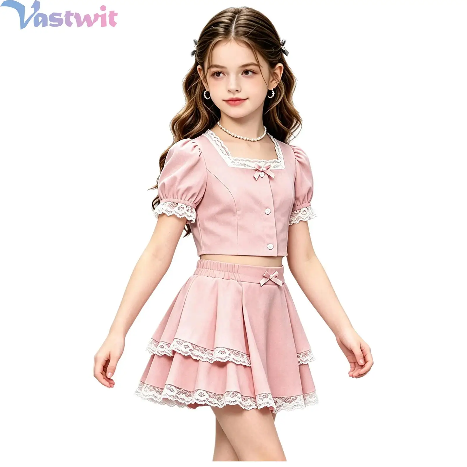 Girls Y2K 2‑Piece Outfit Square Neck Lace Puff Sleeve Crop Top Bow Button Decor Elastic Waist Double Layer Lace Ruffle Skirt
