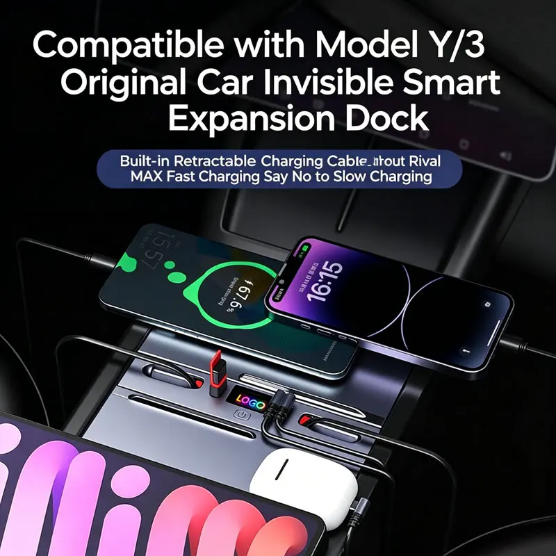 For Tesla New Model Y Juniper 2025 Model 3 Highland 2024  45W 12W Central Control Fast Charging TPYE-C USB HUB Expansion Dock