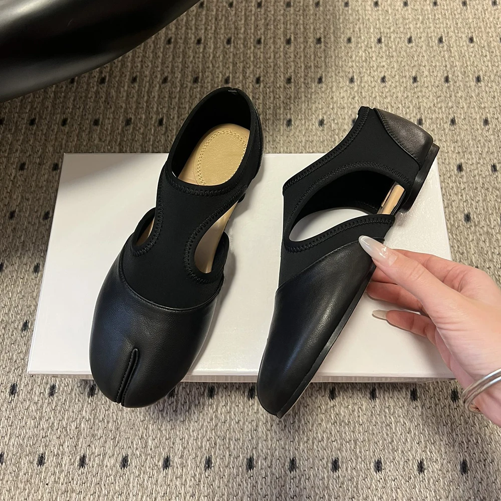 

Ladies Summer Genuine Leather Flat Shoes Fashion Tabi Toe Split Shoes Elastic Mouth Hollow out Designer Brand Women's Footwear