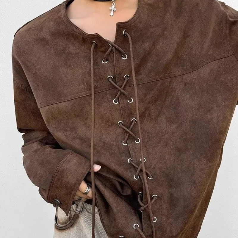 Autumn New Drawstring Cardigan Coats for Men American Retro Brown Motorcycle Faux Leather Jacket for Men Western Cowboy Jacket