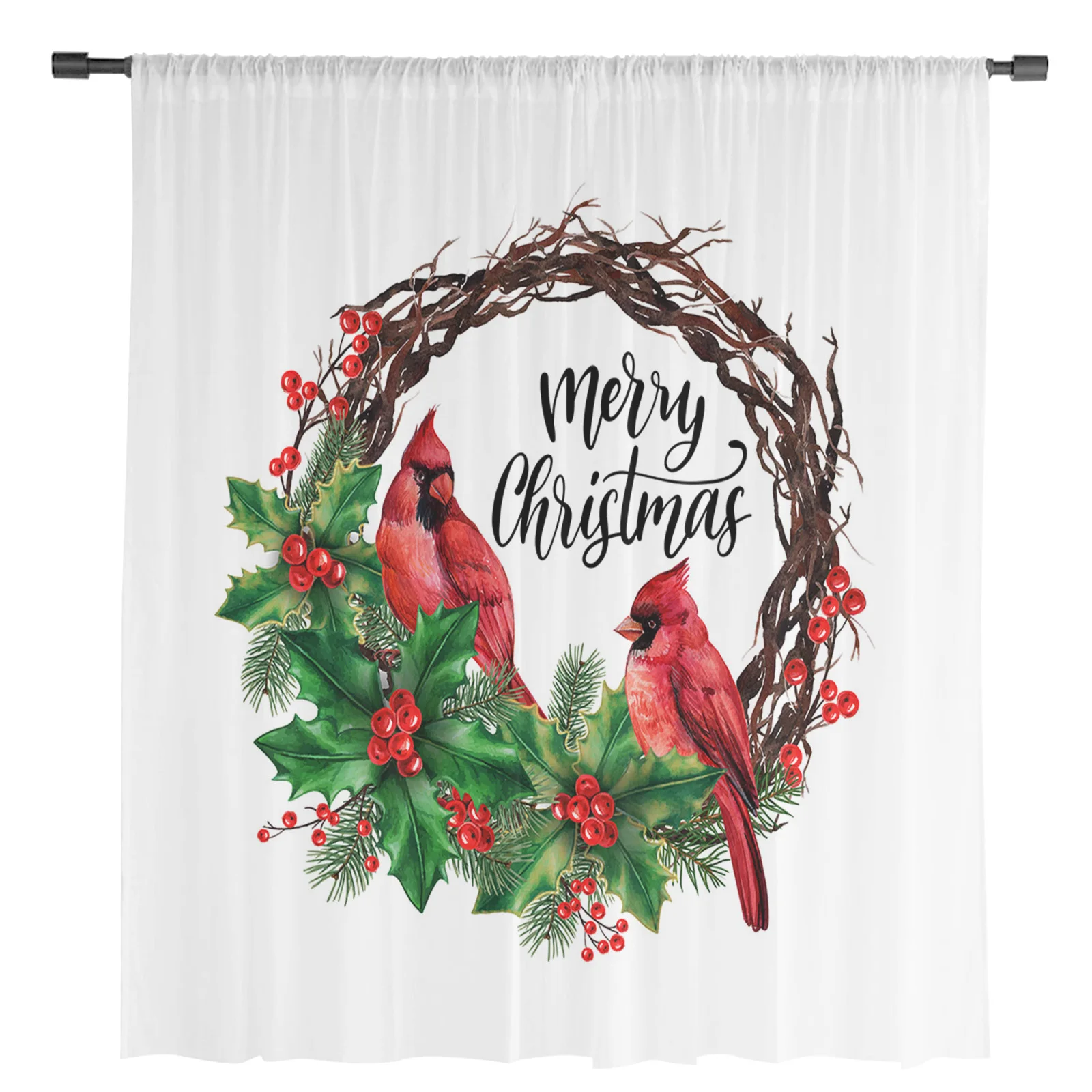 Christmas Cardinal Berry Sheer Curtains for Living Room Bedroom Tulle Curtain for Kitchen Home Decor Window Drapes