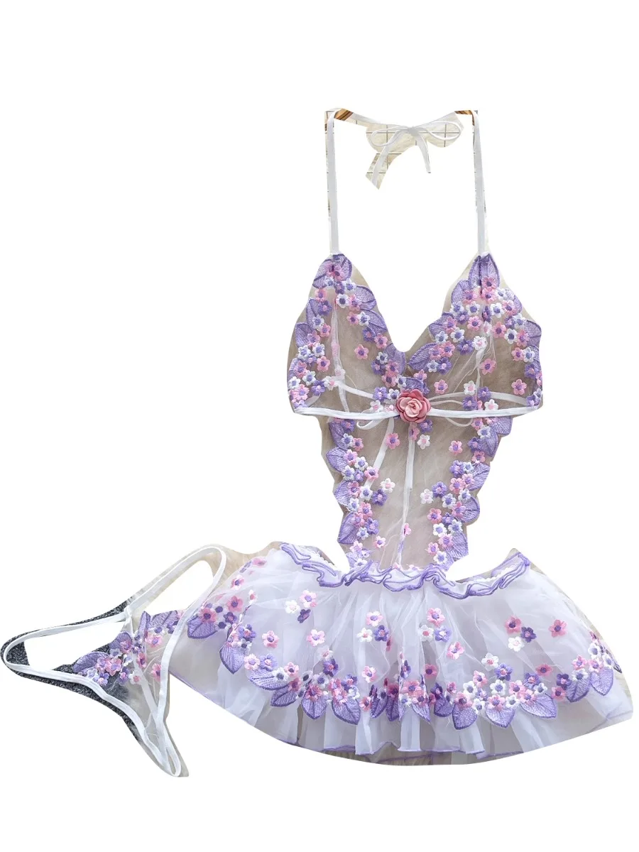 Foamlina malla bordado recortado chica puro deseo Mini Vestido corto mujeres novedad de verano dopamina Halter Sexy vestido transparente